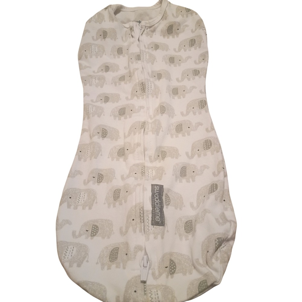 SwaddleMe by Ingenuity Pod Zip Up Swaddle 0-2M Grey White Elephant Print